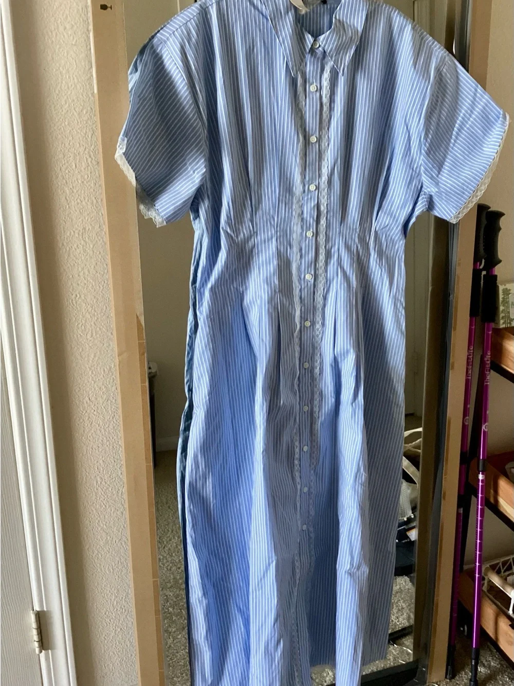 J. Crew Wren Lace Trim Shirt Dress Striped Button-Front Midi - Picture 6 of 9